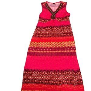 Faded Glory 1X Beaded Neckline Sleeveless Maxi Dress Red/Orange Geometric Print